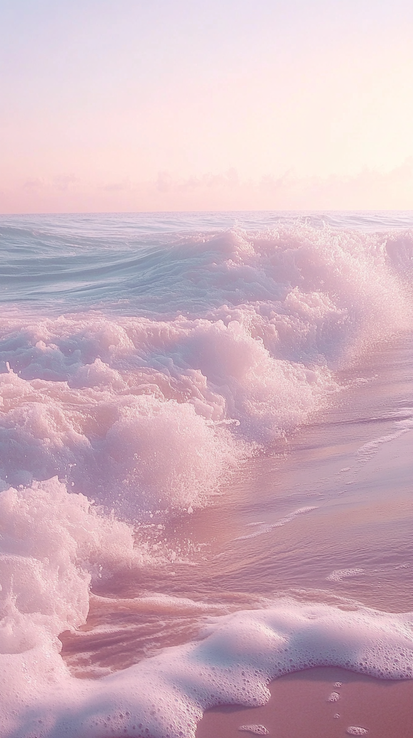 A serene beach with gentle waves and pastel colors