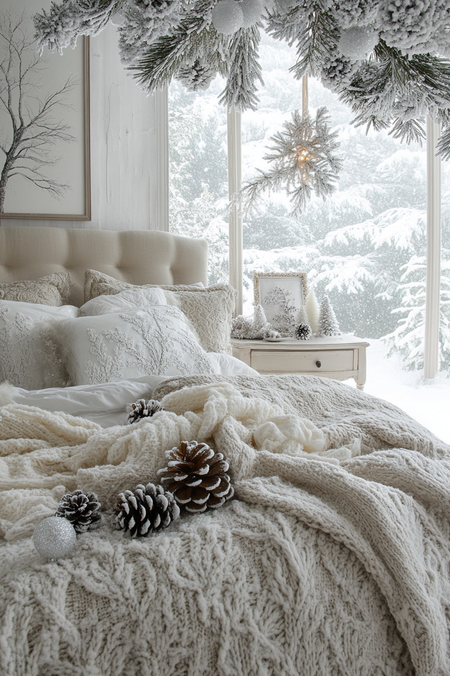 A serene bedroom with Frosted Forest Christmas decor