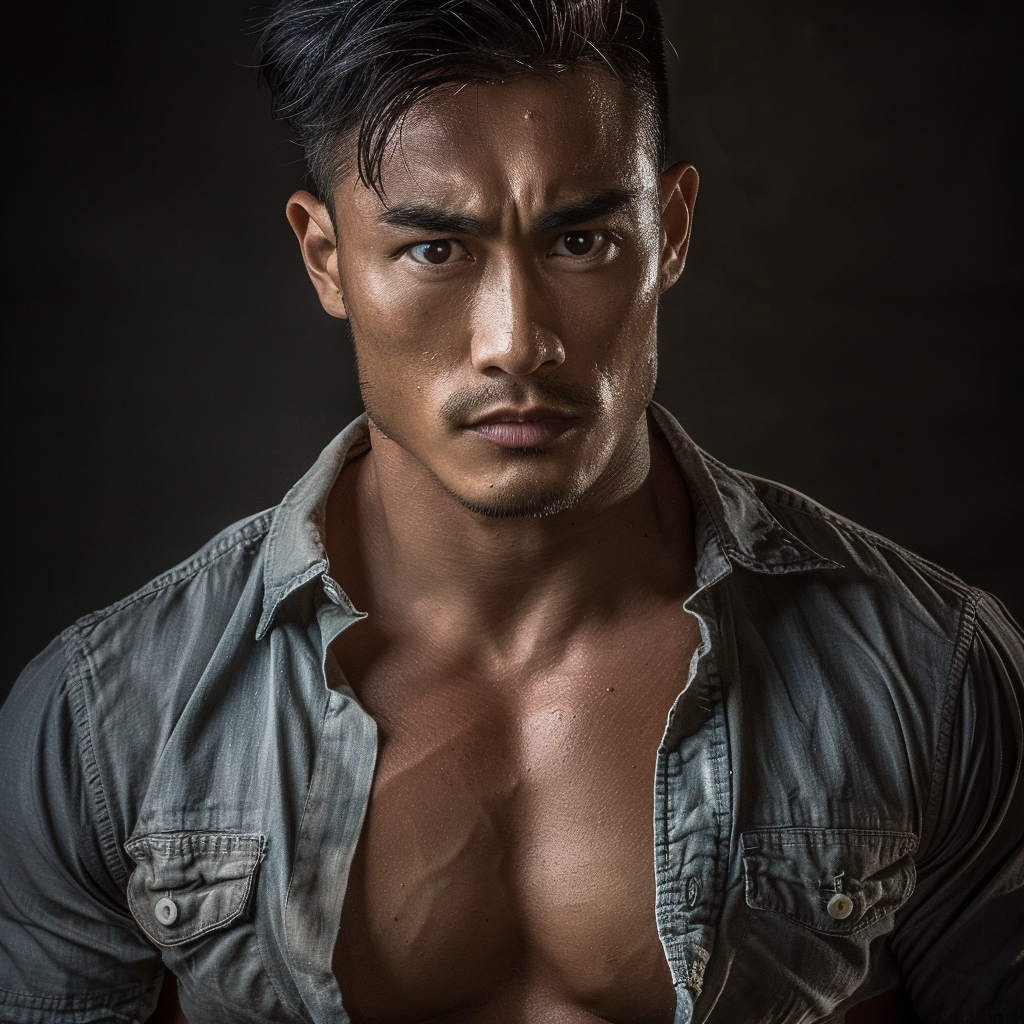 A serious Vietnamese body builder in vintage shirt.