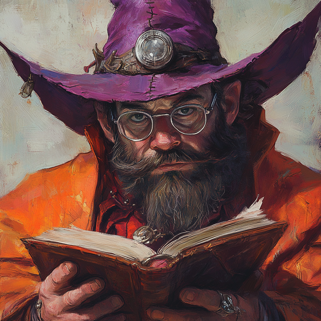 A sharp-eyed male dwarf wizard in vibrant robes