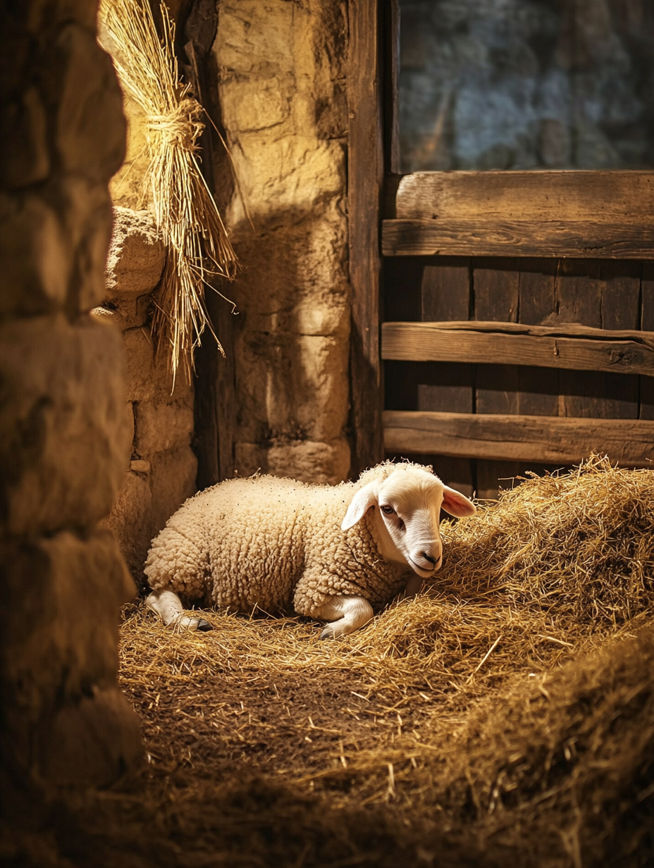 A sheep eating straw in rustic stable at night