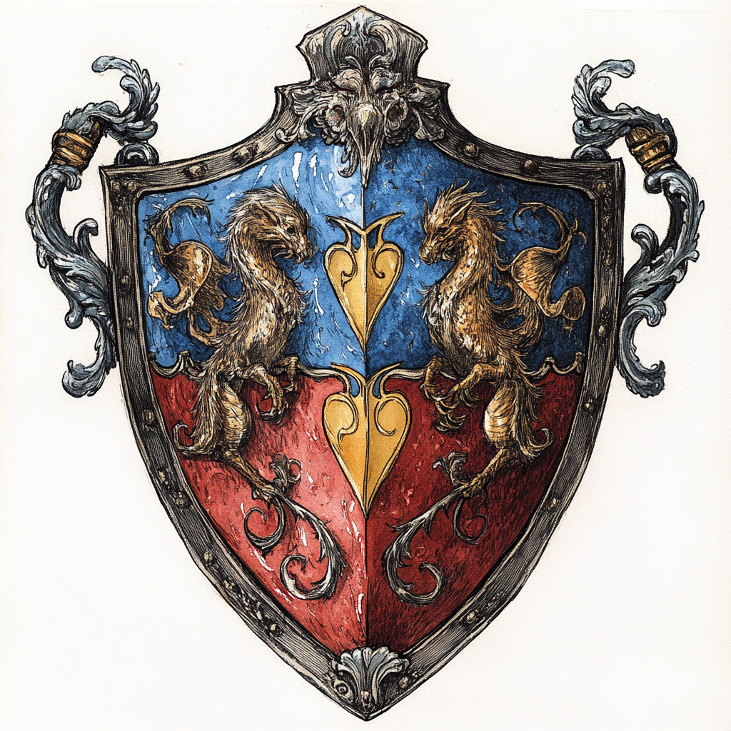 A shield with blue, white, red, and gold symbols.