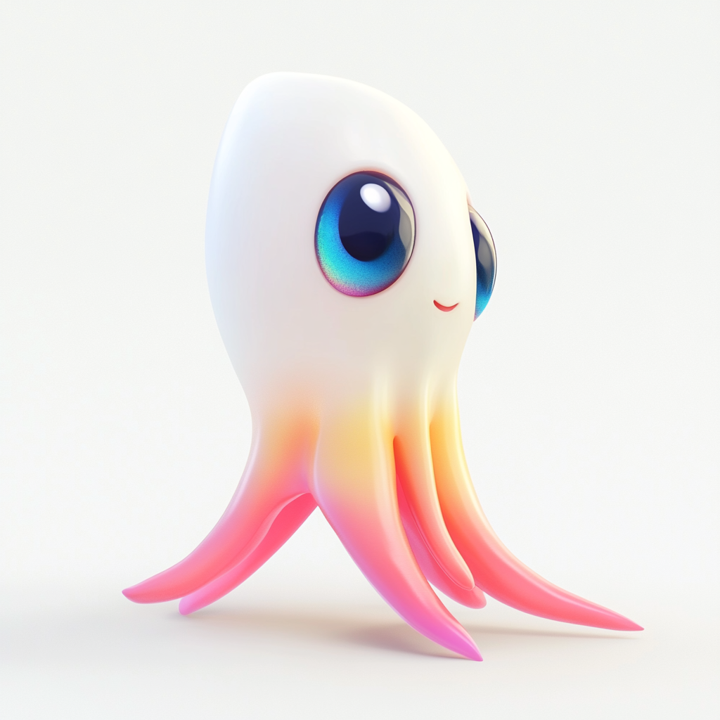 A shiny, cute squid in 3D on white