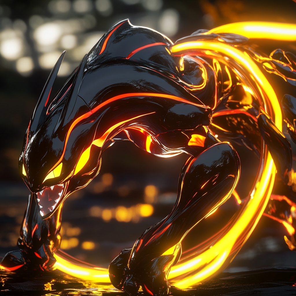 A shiny, sleek Rayquaza in sunset light, glowing brightly.