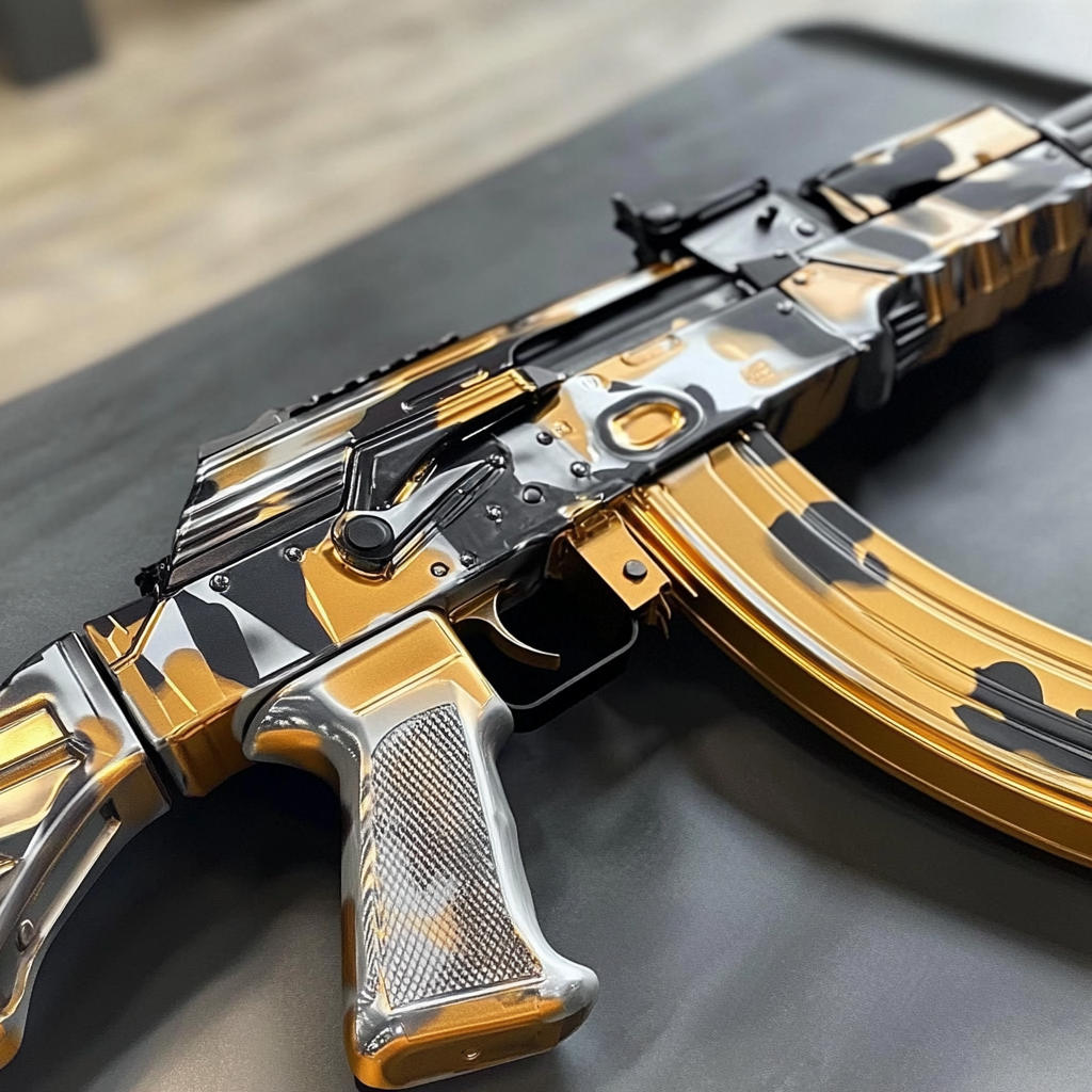 A shiny AK-47 in silver, gold, copper camouflage