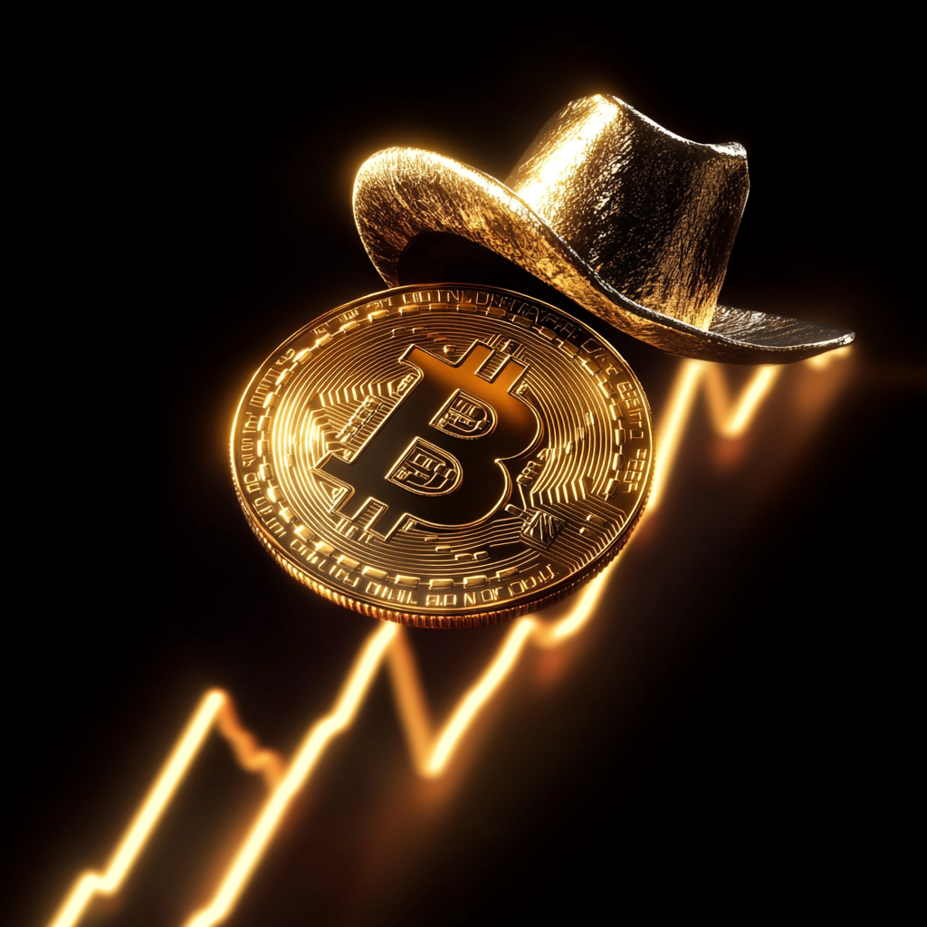 A shiny Bitcoin cowboy riding upward trend chart