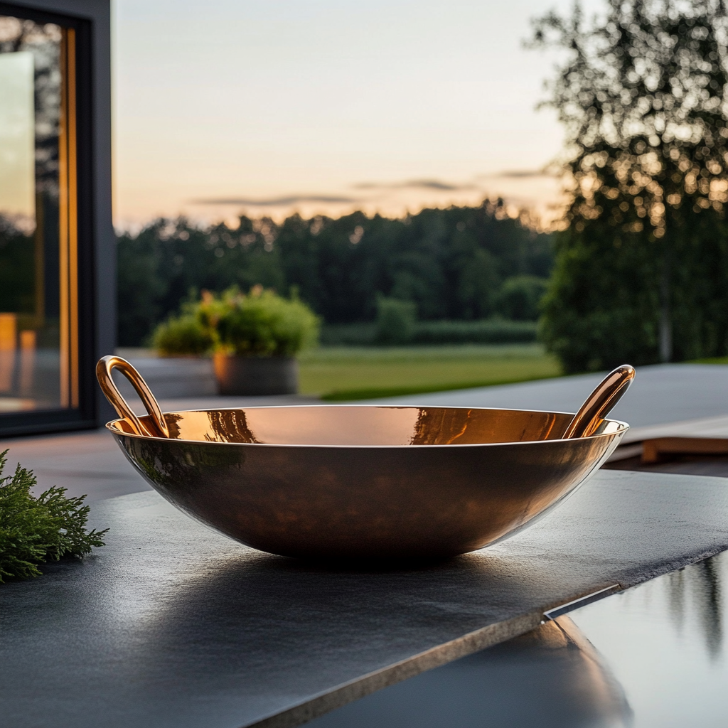 A shiny copper pan with steel handle outside