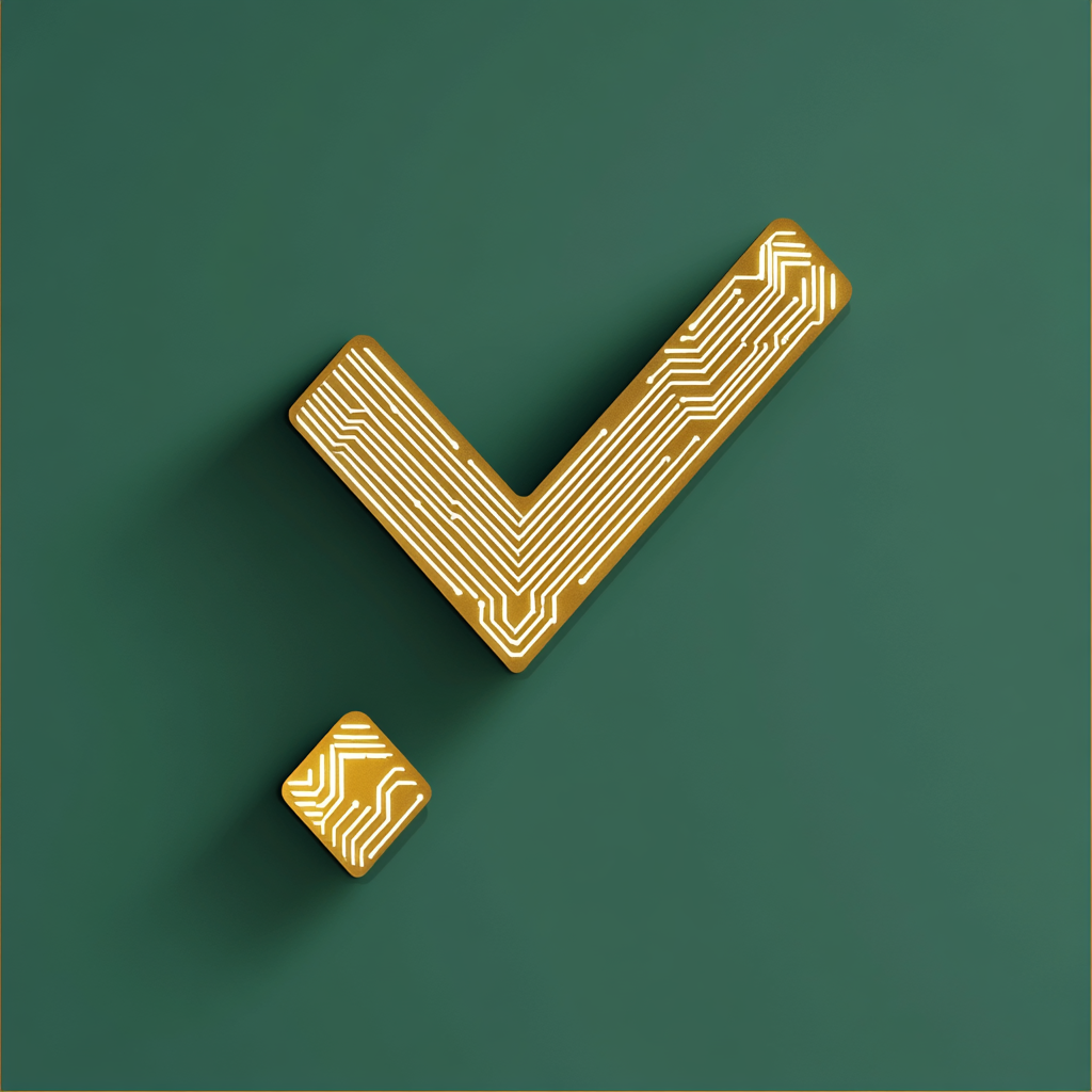 A shiny gold check mark on a green background.