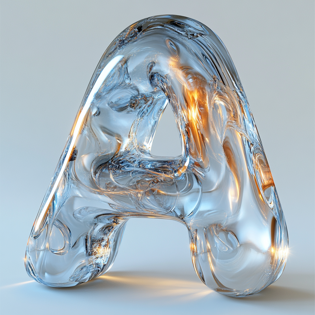 A shiny letter A in 3D glass.