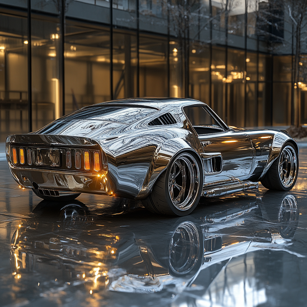 A shiny silver car in a garage.