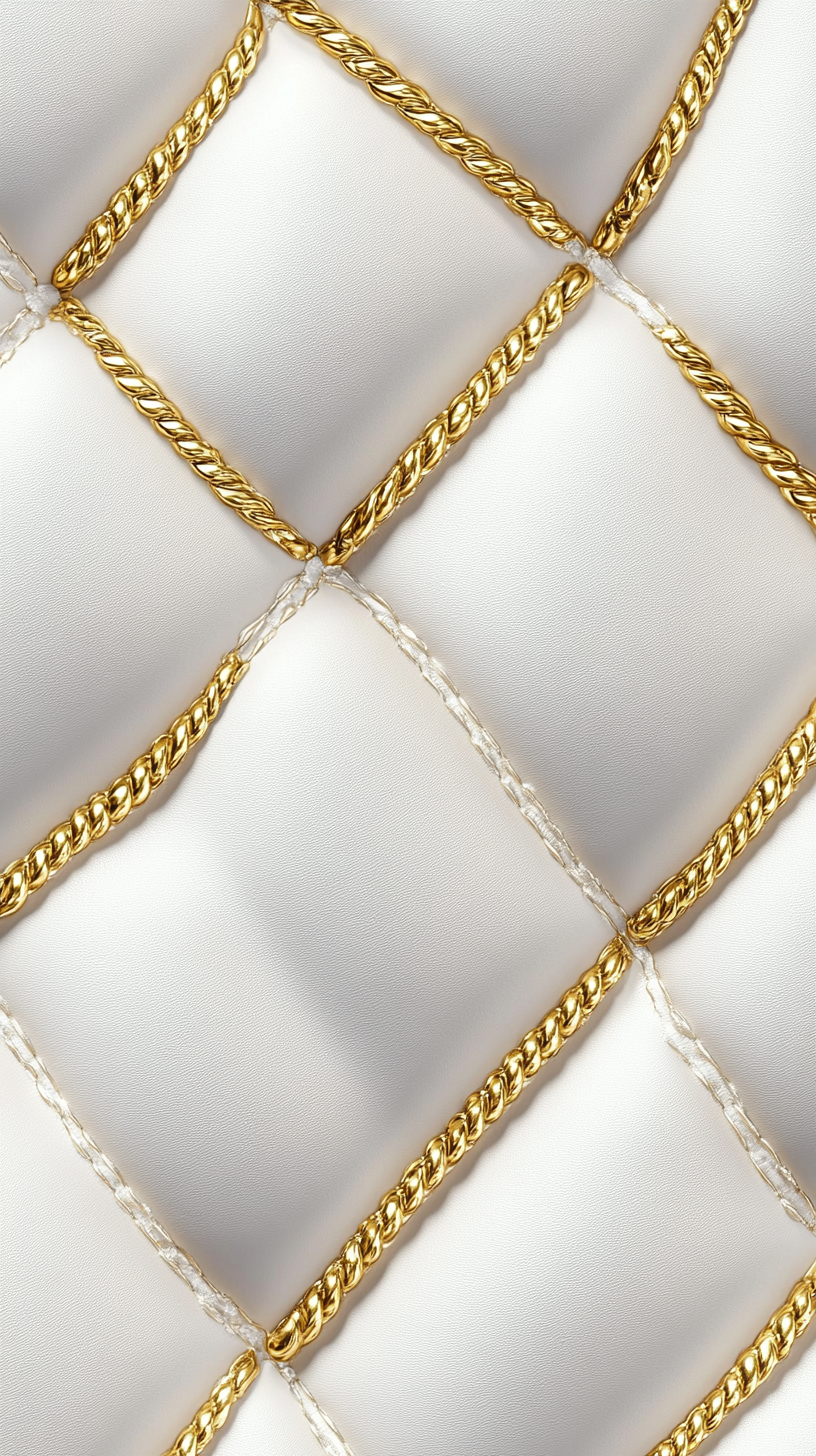 A shiny white leather pattern with golden stitches