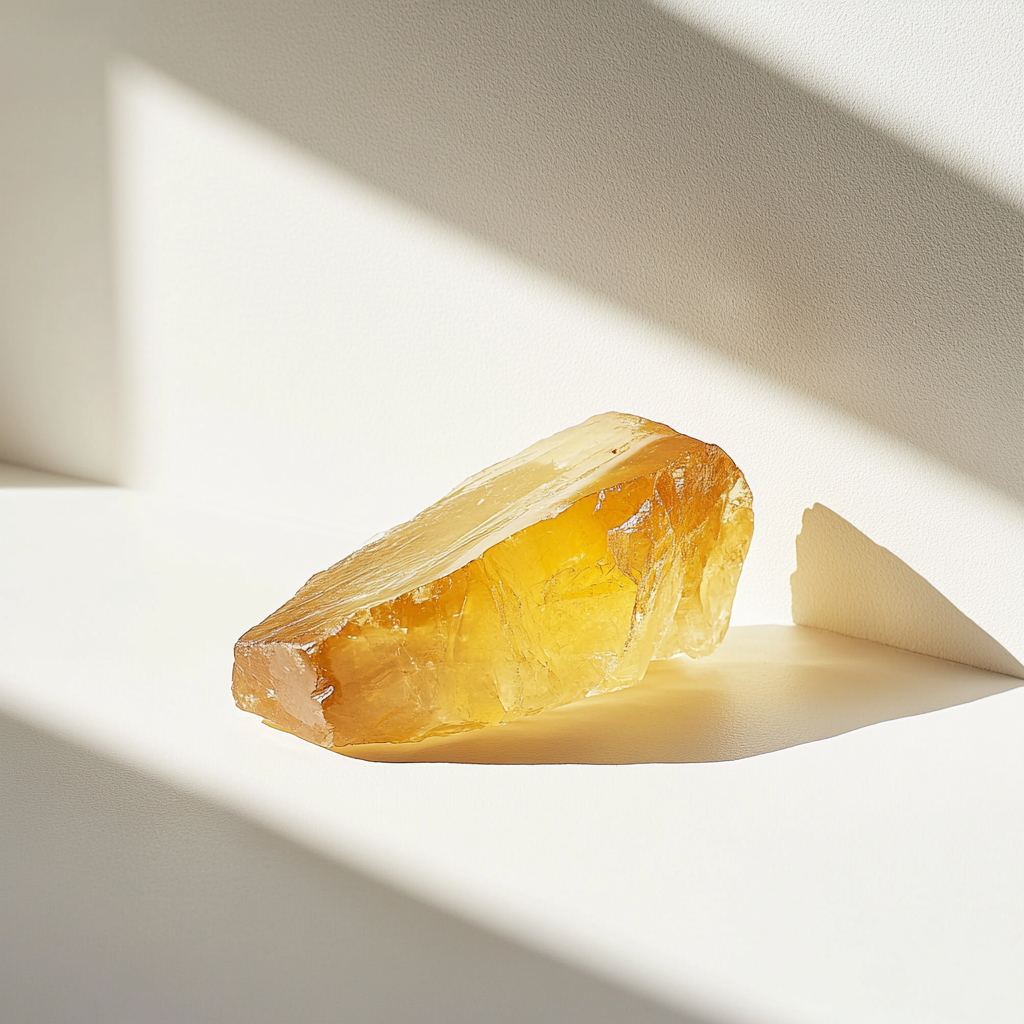 A shiny yellow gem on a white surface.