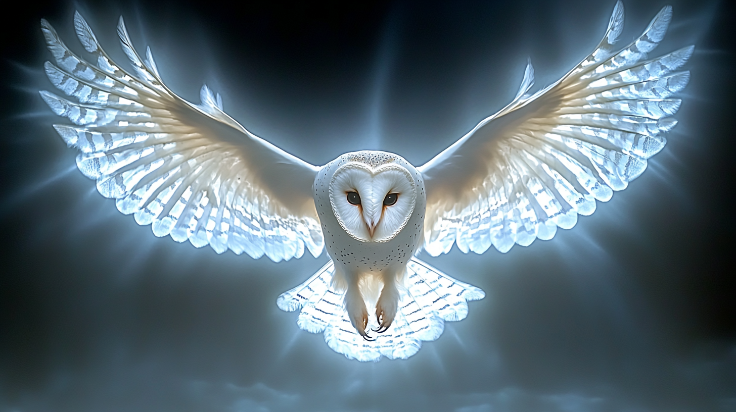 A silent flying barn owl in a dark forest