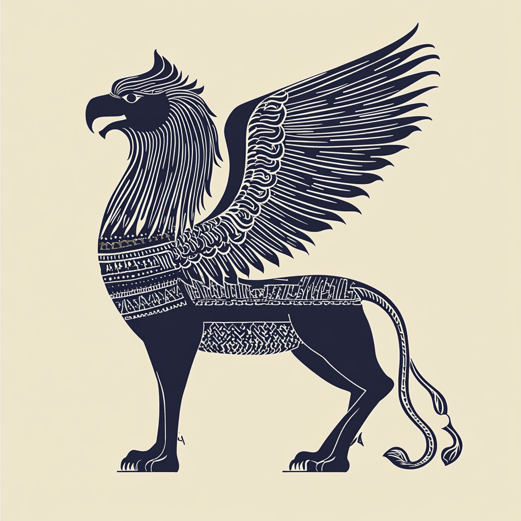 A simplified, modern 2D griffin with Persian details.