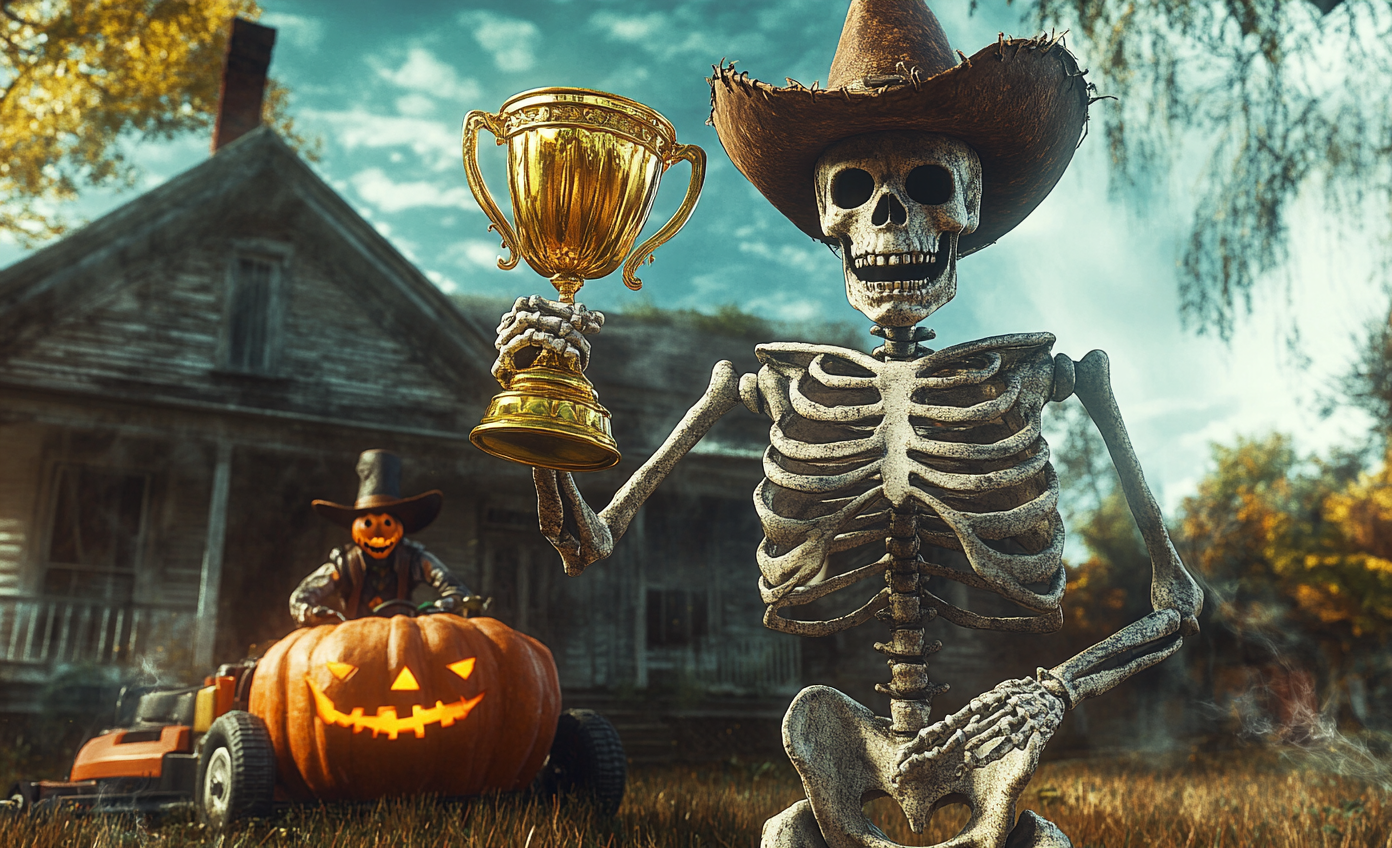 A skeleton cowboy wins trophy at haunted house