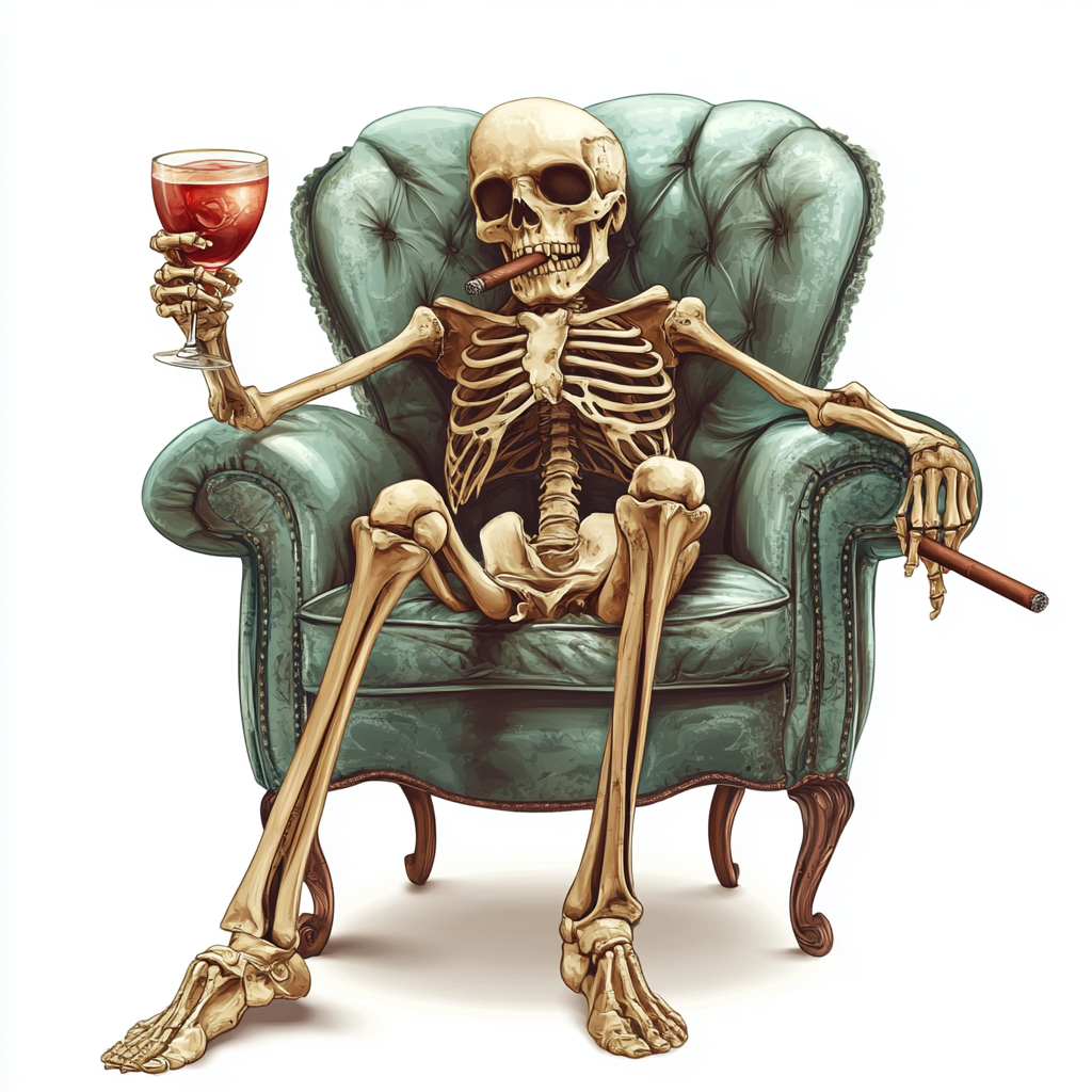 A skeleton in chair with red cocktail, cigar.