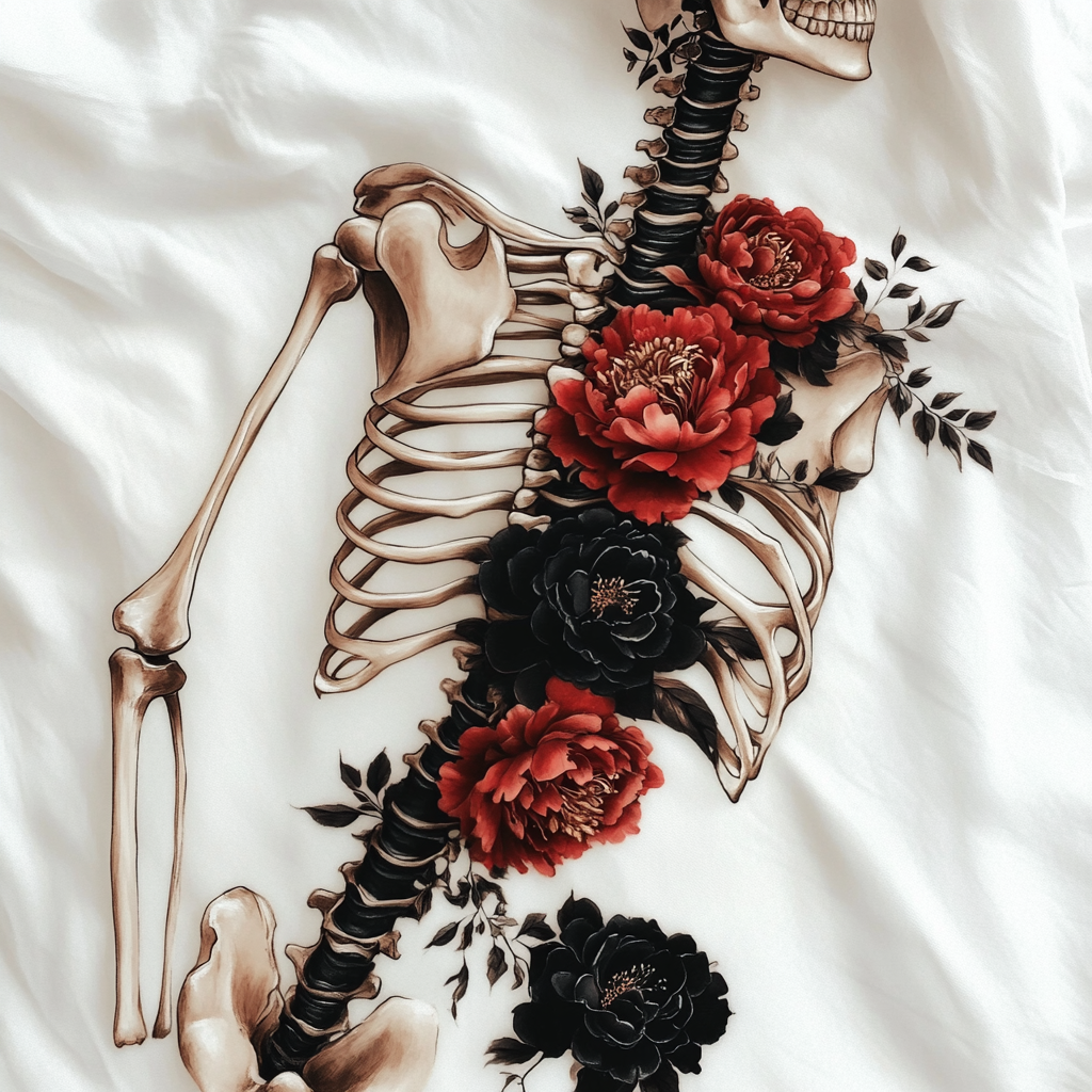 A skeleton torso with flowers on white background.