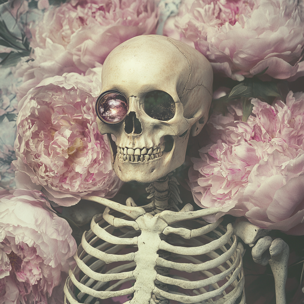 A skeleton torso with shiny eye in vintage peony.