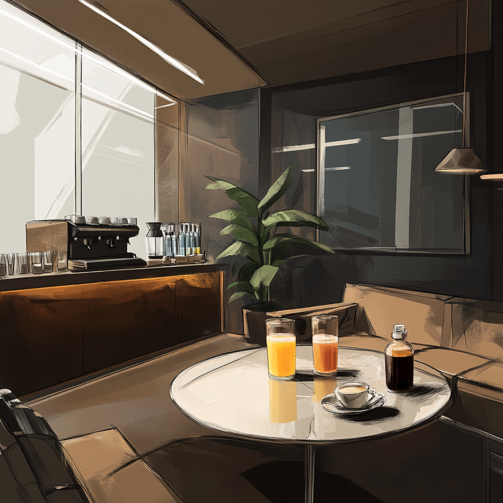 A sketch of a chic hotel coffee lounge