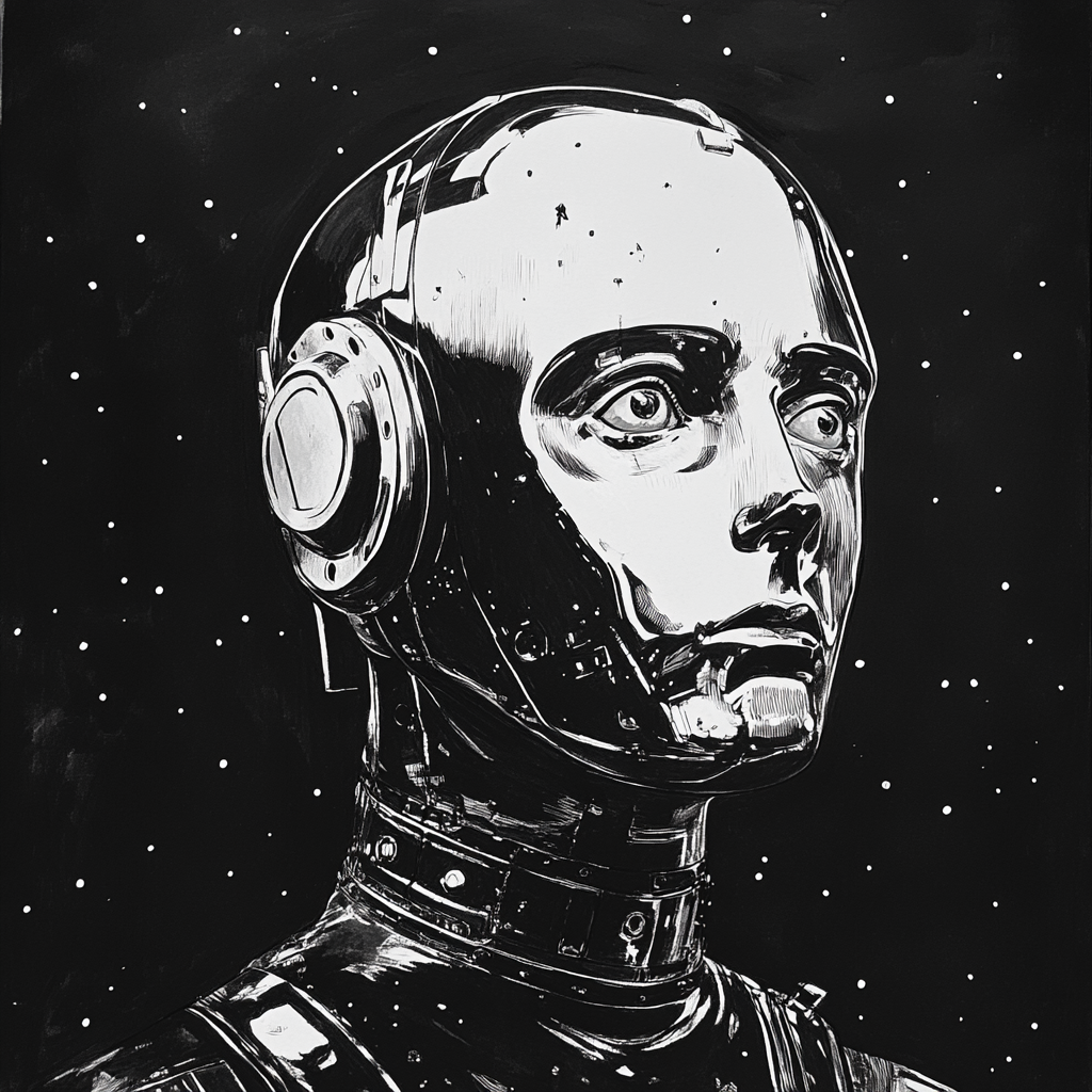 A sketch of a young android in retro sci-fi