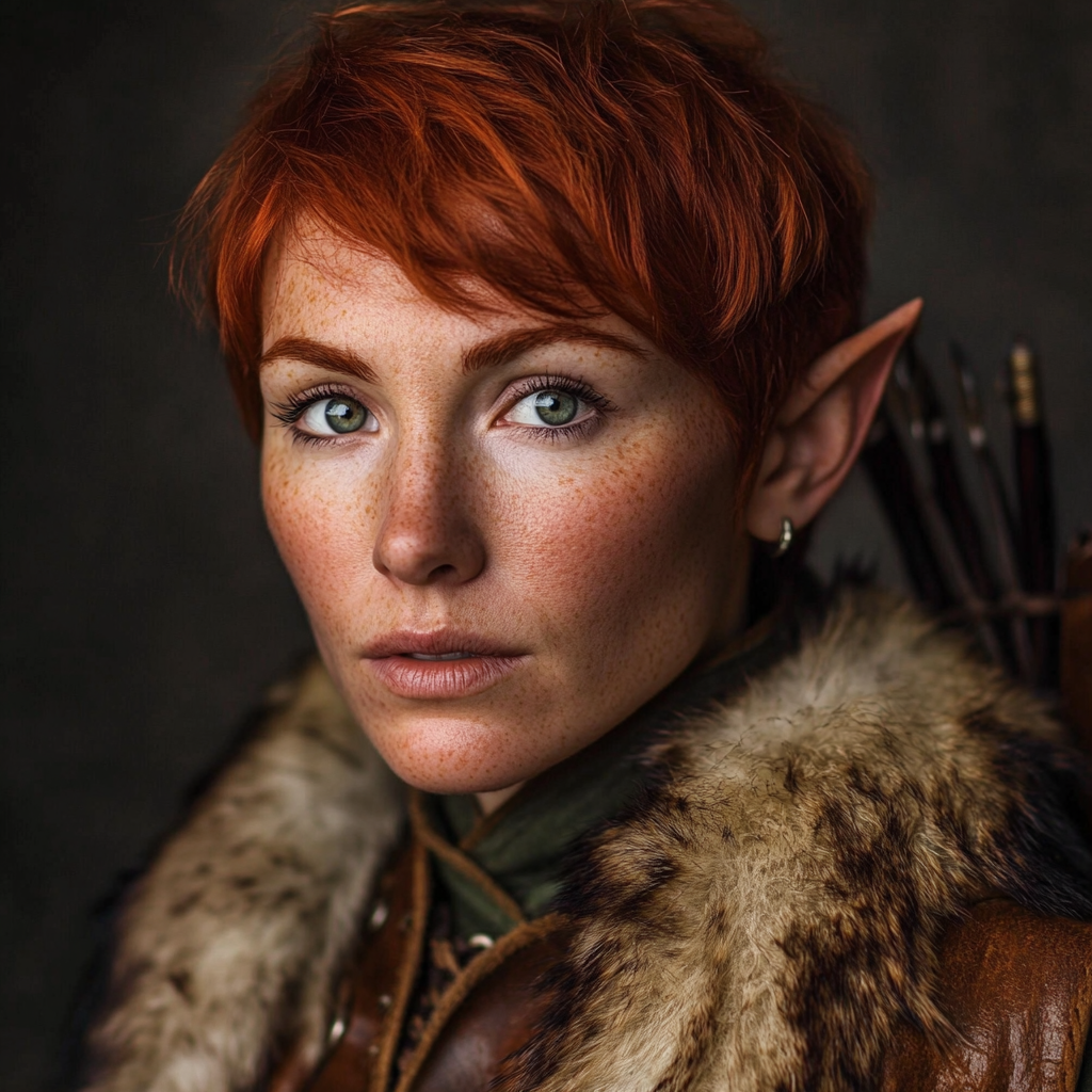 A skilled half-elf female hunter in fur and leather.