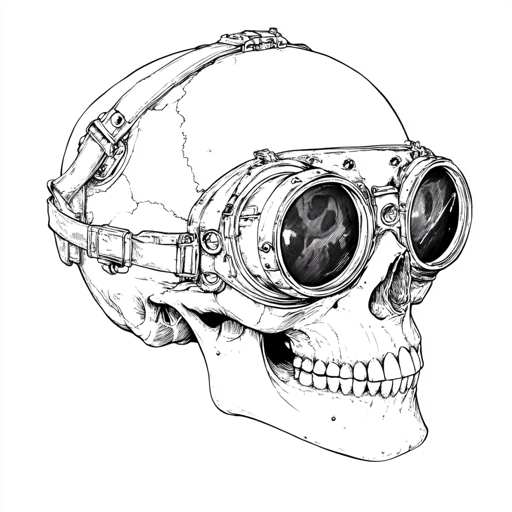 A skull with cool goggles and white background.