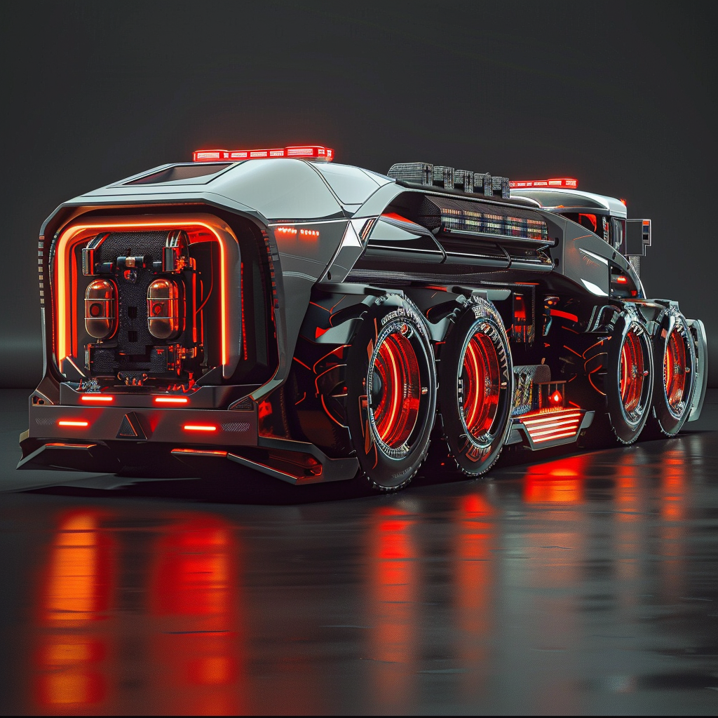 A sleek, powerful fire truck in futuristic city.