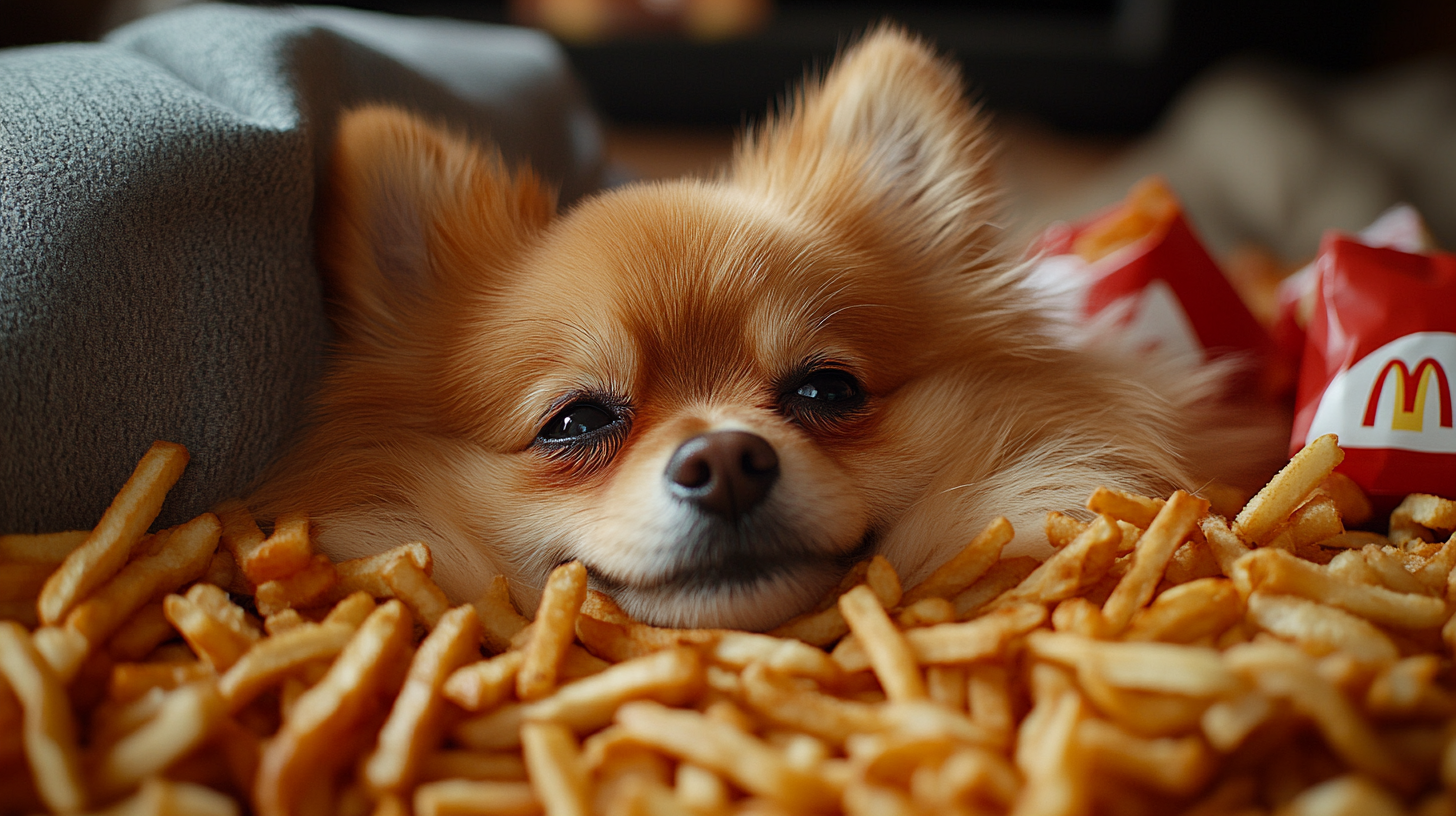 A sleepy Pomeranian surrounded by McDonald's fries.