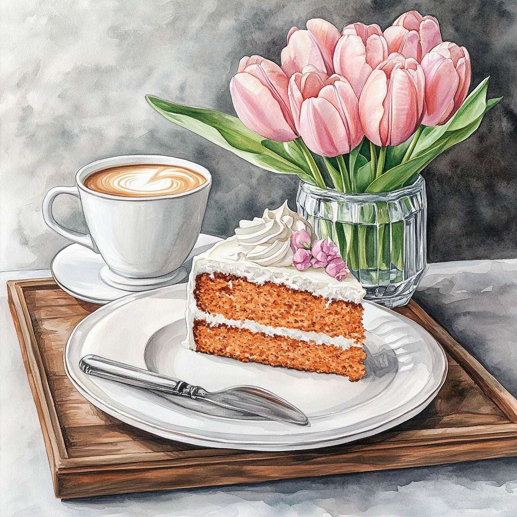 A slice of carrot cake and coffee art.