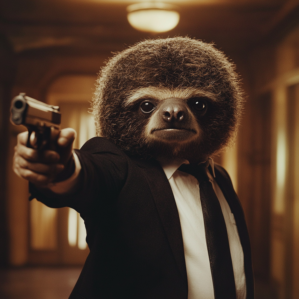 A sloth dressed as Jules from Pulp Fiction.