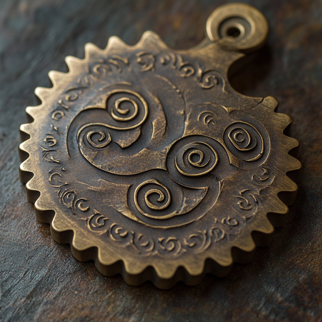 A small, detailed circular saw blade amulet