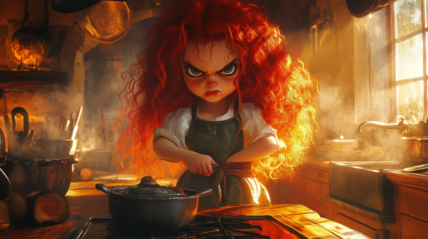 A small angry halfling cooks in medieval kitchen.