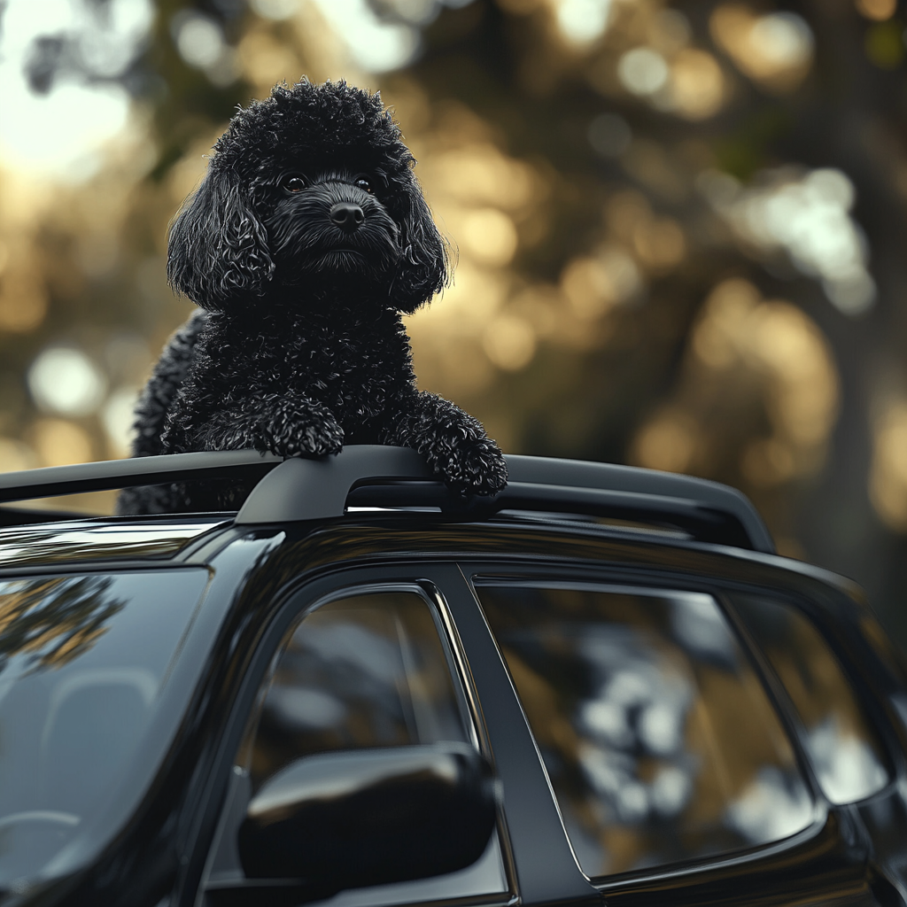 A small black poodle on a car roof