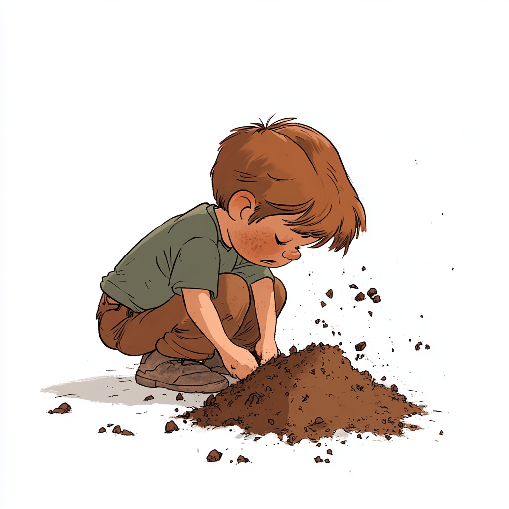 A small boy digging a hole