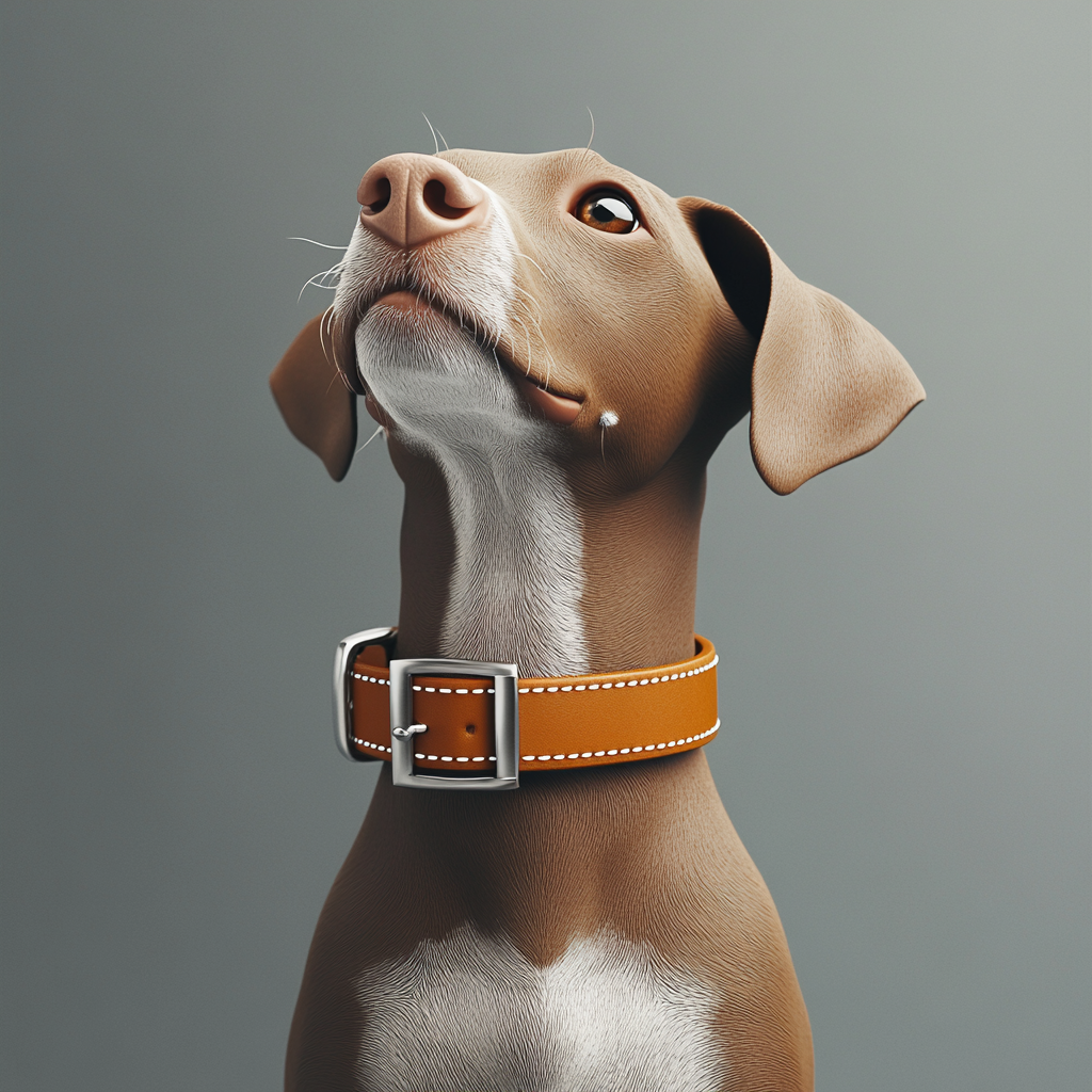 A small dog's caramel collar with white stitches