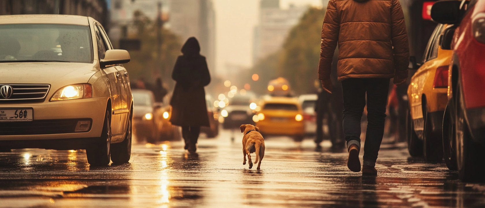 A small dog crossing a busy city street.