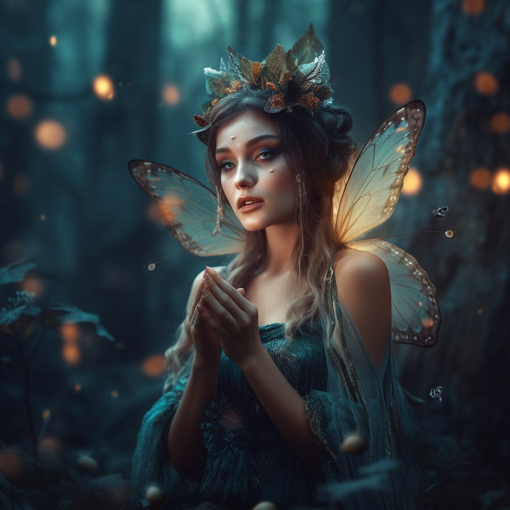 A small fairy with magical hands in a forest.