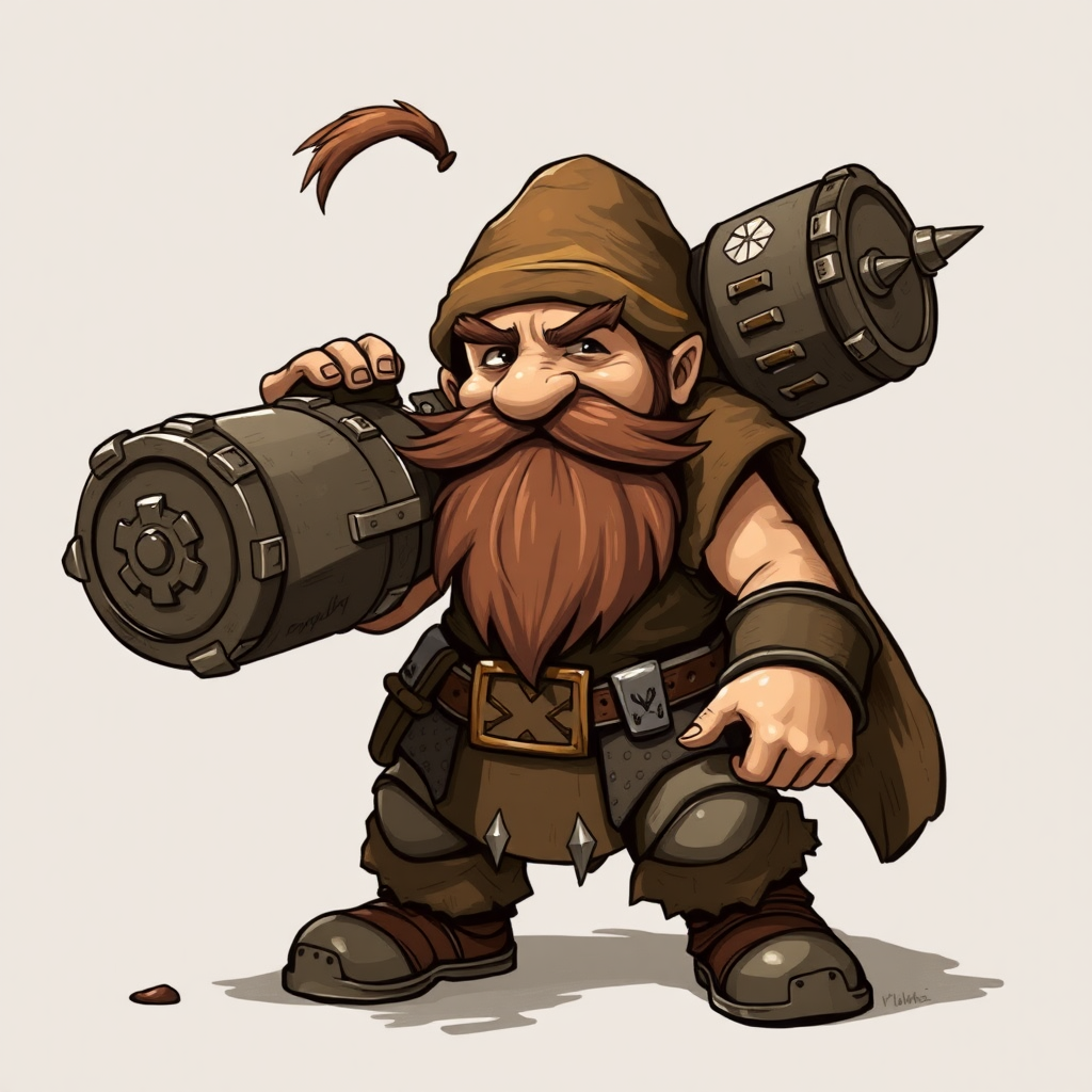 A small fighter with a brown beard holds a big round bomb.