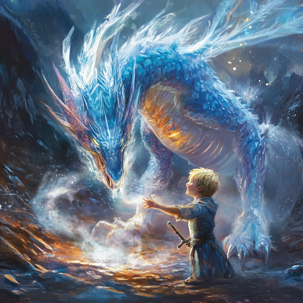 A small frostfire drake plays with boy.