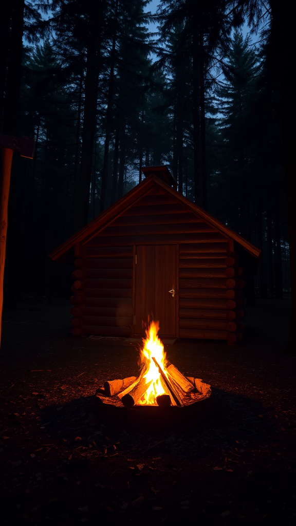 A small hut and fire in the forest.