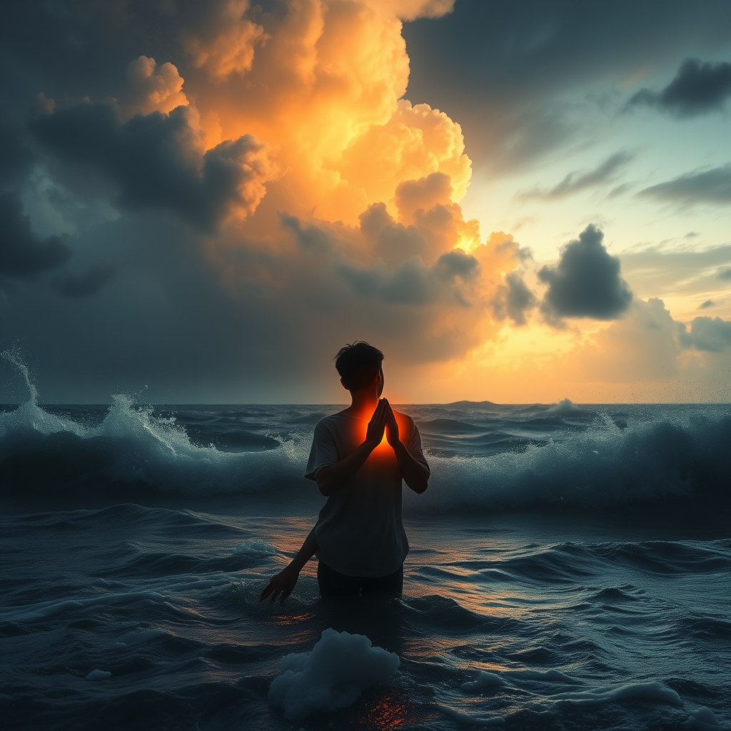 A small person praying in storm with glowing heart.