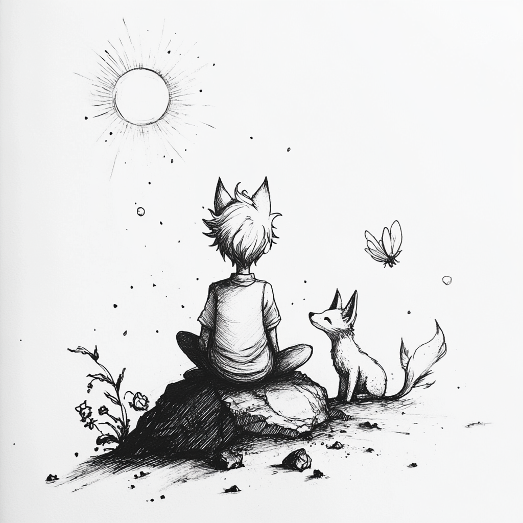 A small prince sits on a compass, looking at the horizon with his friend the fox. The sun is replaced by a rose. Black and white tattoo design.