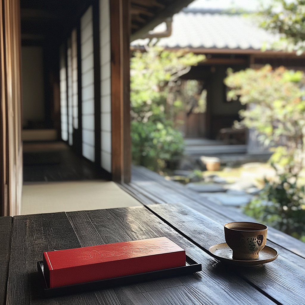 A small red box on tray near tea.