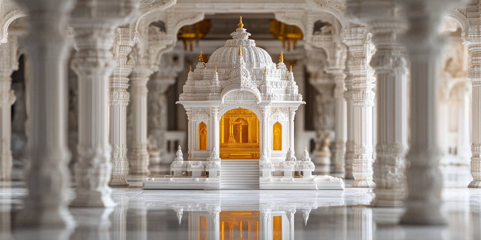 A small white jain temple inside a house.