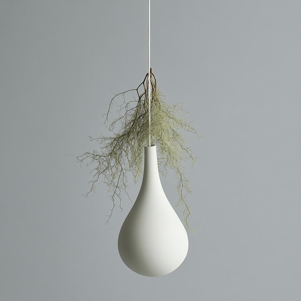 A small white vase with moss hanging beautifully.