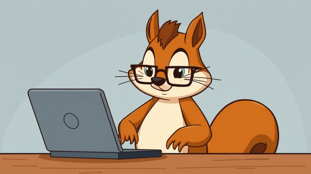 A smart squirrel typing on laptop with glasses.