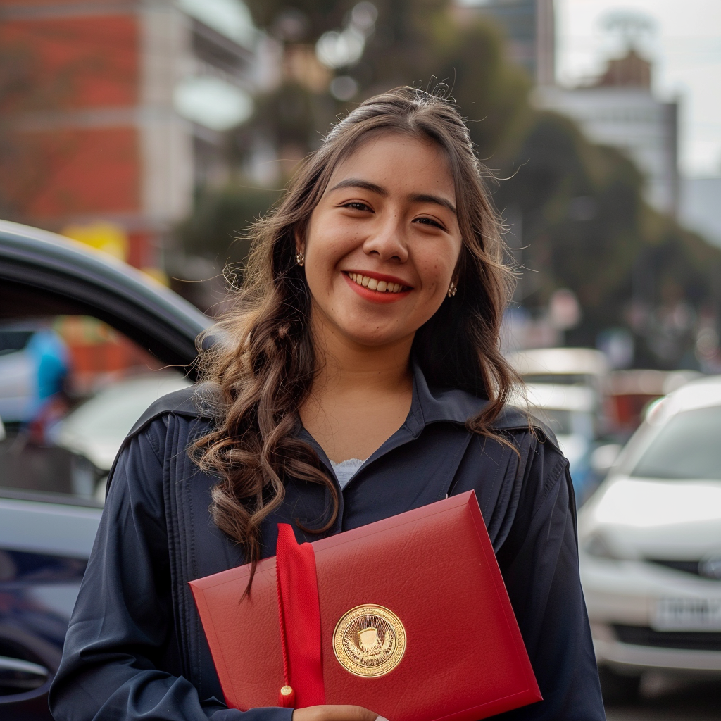 A smiling Hispanic person holding diploma and car keys