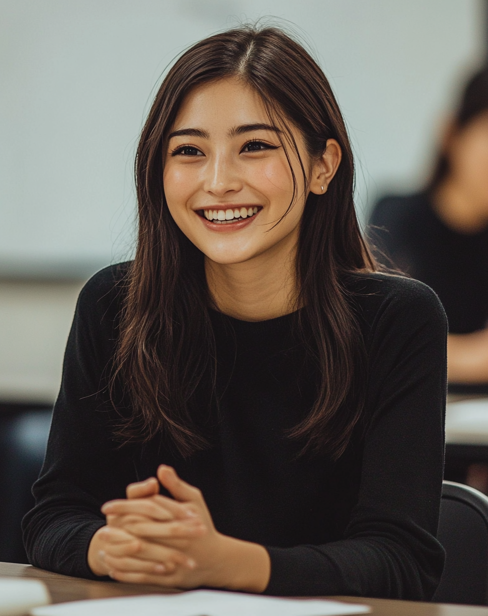 A smiling Japanese woman in English classroom