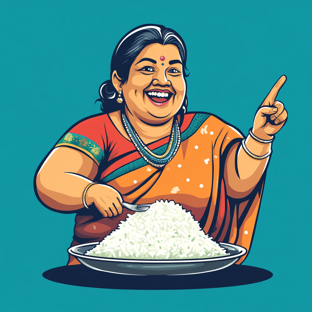 Illustration of a smiling Sri Lankan woman with rice plate