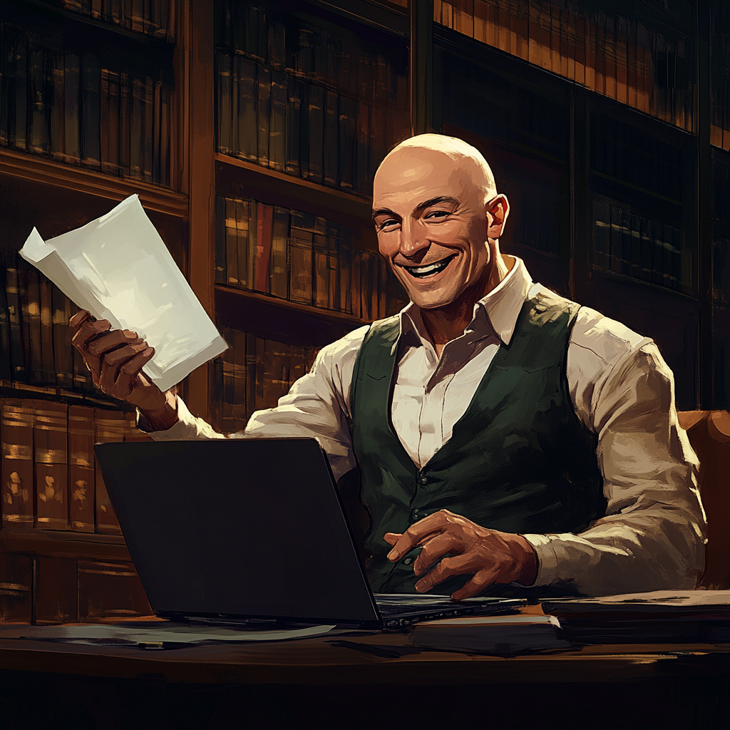 A smiling bald man in library waving paper.